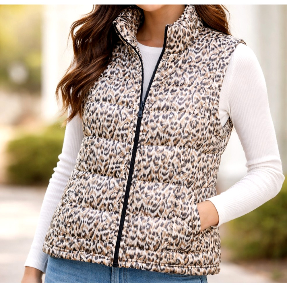 Leopard Print Puffer Vest Womens Petite S Brown Zip Quilted Cozy Sporty Outdoor